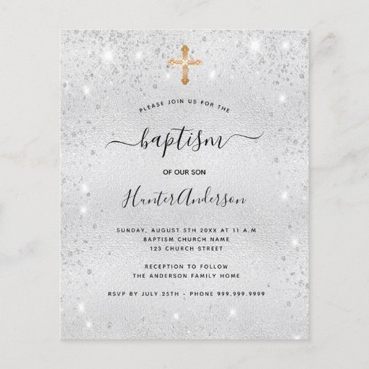 Budget baptisme zilveren glitter boy girl uitnodig (Voorkant)