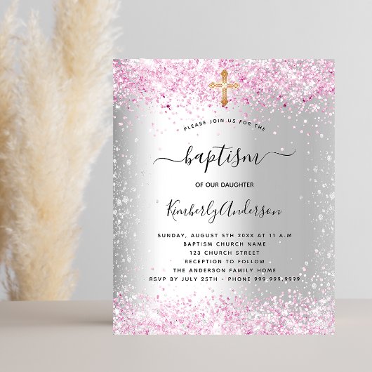 Budget baptisme zilveren roze glitter girl-uitnodi