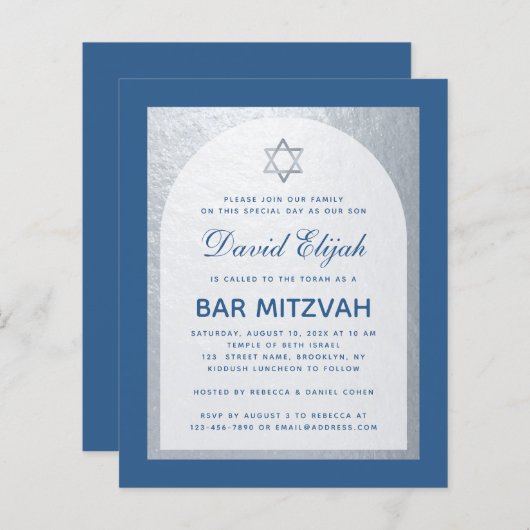 Budget Bar Mitzvah Classic Blue Silver Uitnodiging (Voorkant / Achterkant)