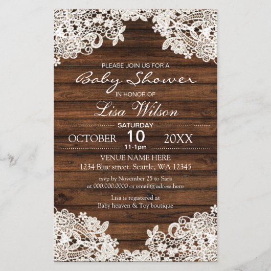 Budget Barn Wood Lace Baby shower Uitnodiging (Voorkant)
