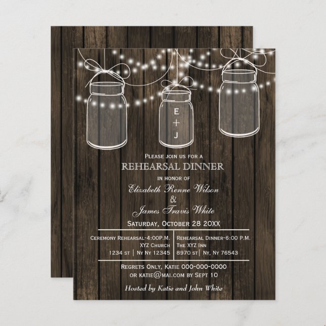 Budget Barn Wood Mason Jar Rehearsal Dinner Invite (Voorkant / Achterkant)
