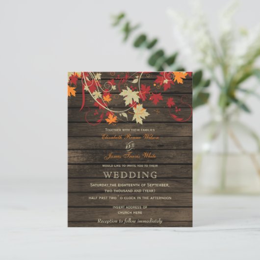 Budget Barn Wood Rustic Fall Weduwen Uitnodigingen (Staand voorkant)