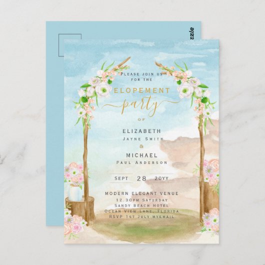 BUDGET Beach Coastal Elopement Party nodigt uit Briefkaart (Voorkant / Achterkant)