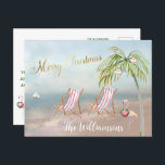 Budget Beach Flamingo met unieke kerstmis Aankondigingskaart<br><div class="desc">Vrolijk kerstfeest op deze mooie Waterverf Beach — vreedzaam en zacht tafereel met twee strandstoelen — vriendelijke flamingo met mooie kreet — palmboom met een paar ornamenten. Ook verkrijgbaar in verschillende papiergewichten — uw keuze. Om het even welke ontwerpvragen, verzend enkel een e-mail naar charmdesignstudio@rcn.com en wij zullen zeer verheugd...</div>