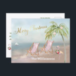 Budget Beach Flamingo met unieke kerstmis  Aankondigingskaart<br><div class="desc">Vrolijk kerstfeest op deze mooie Waterverf Beach — vreedzaam en zacht tafereel met twee strandstoelen — vriendelijke flamingo met mooie kreet — palmboom met een paar siervoorwerpen.  Ook verkrijgbaar in verschillende papiergewichten — uw keuze.</div>