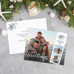 Budget Beach Script 3 Photo Collage kerstkaart<br><div class="desc">Voeg uw familiefoto's, naam en jaardatum toe aan deze unieke strandvakantiekaart, met elegante scriptbedekking "Zeeen "n Greetings". Deze begrotingskaarten zijn gemaakt van een delicater, kleiner en lichter papier, dat geld en bomen bespaart. *Als u hulp nodig hebt bij dit ontwerp of bij de bijbehorende producten, kunt u contact met mij...</div>