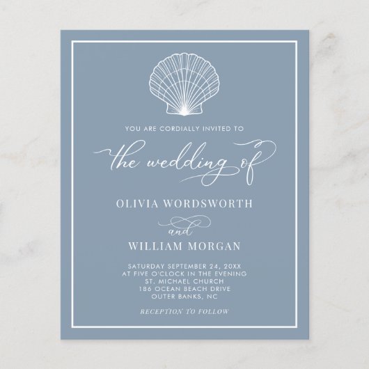 Budget Beach Seashell Wedding Invite Dusty Blue Flyer (Voorkant)