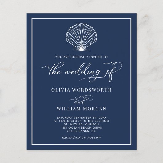 Budget Beach Seashell Wedding Invite Navy Blue Flyer (Voorkant)