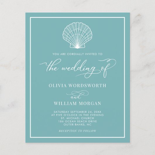 Budget Beach Seashell Wedding Invite SeaGlass Blue Flyer (Voorkant)