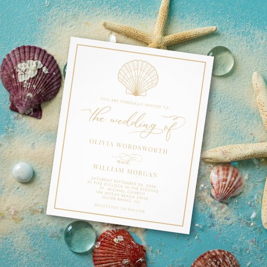 Budget Beach Seashell Wedding Invite White Beige Flyer