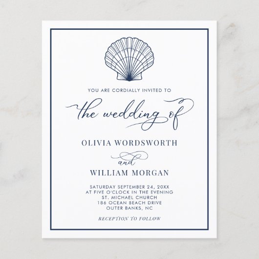 Budget Beach Seashell Wedding Invite White Navy Flyer (Voorkant)