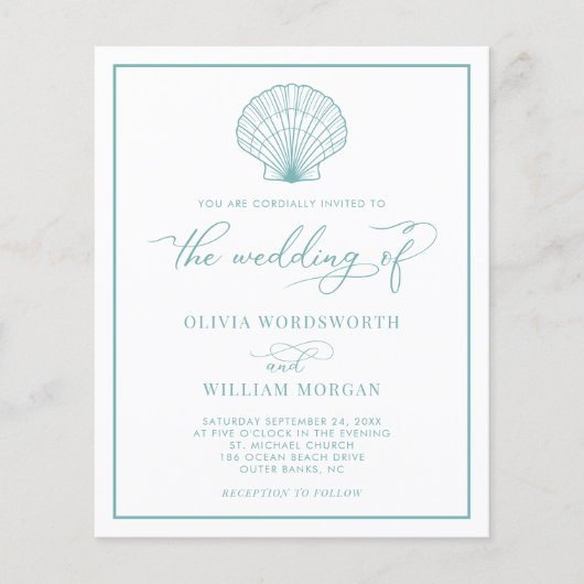 Budget Beach Shell Wedding Invite Zee Glass Blue Flyer (Voorkant)