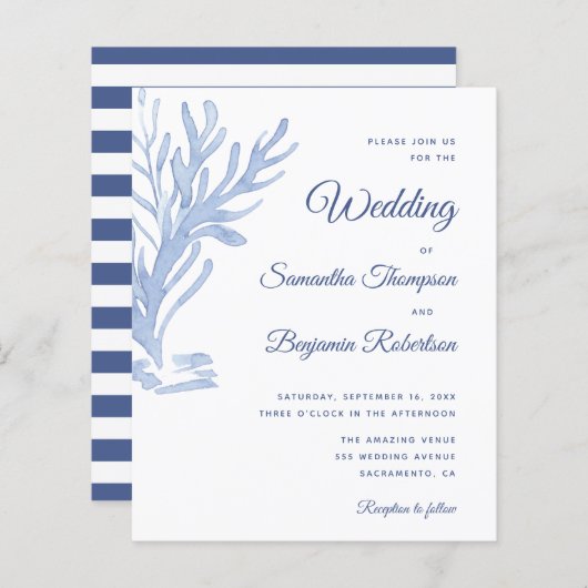 Budget Beach Weddenschap Uitnodiging Modern Blue W (Voorkant / Achterkant)