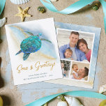 Budget Beach Zee Turtle Zeeen Groeten Fotokaart<br><div class="desc">Bespaar geld met deze budget kustthema kerstkaarten, op een goedkoper papier en iets kleiner formaat. Het tropische strandontwerp heeft een waterverf turquoise blauwe zeeen schildpad op een abstracte strandachtergrond met een faux gouden glitter sparkly wave en Zeeen & Greetings script. Op de achterkant zijn 3 fotosjablonen om de kaarten eenvoudig...</div>