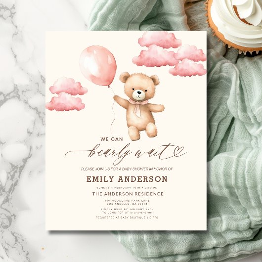 Budget Bearly Wait Neutral & Pink Girl Baby shower Flyer