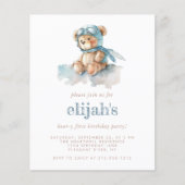 Budget Beary 1e verjaardag Blue Teddy Bear Uitnodi (Voorkant)