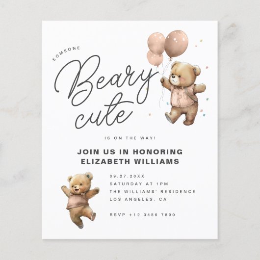 Budget Beary Schattige Baby shower Uitnodiging (Voorkant)