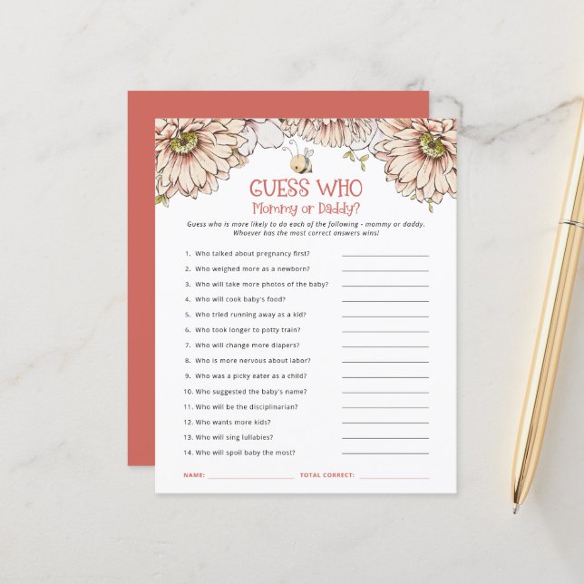 Budget Bee raad wie Baby shower van mama of papa i (Voorkant / Achterkant in situ)