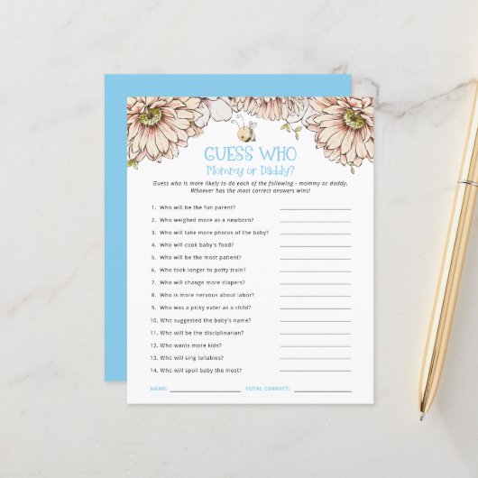 Budget Bee raad wie papa Blue Baby shower Game is (Voorkant / Achterkant in situ)