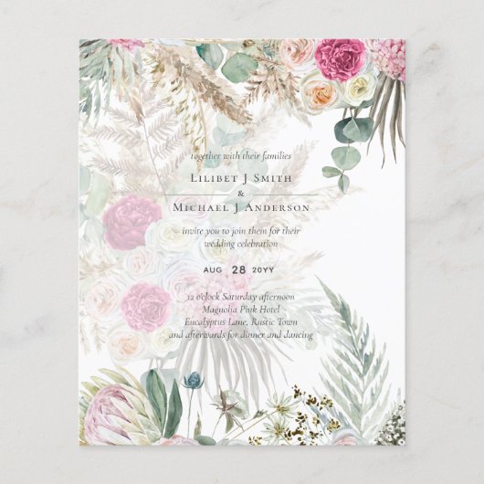 BUDGET BEIDE Pink Floral PampasGrass Wedding Invit Flyer (Voorkant)
