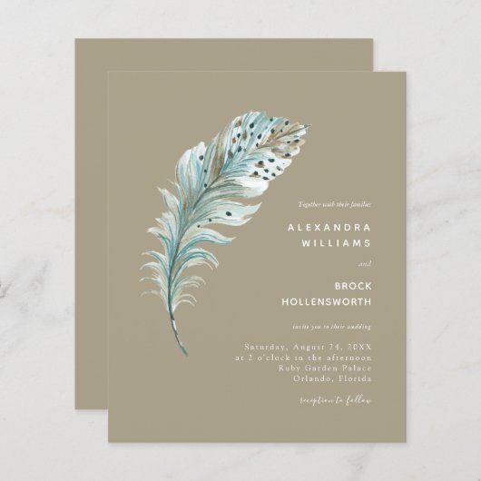 Budget Beige Boho Feather Minimal Wedding Invite (Voorkant / Achterkant)