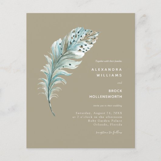 Budget Beige Boho Feather Minimal Wedding Invite (Voorkant)