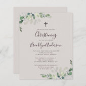 Budget Beige Eucalyptus Christening Uitnodiging (Voorkant / Achterkant)