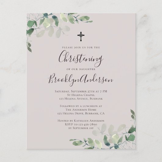 Budget Beige Eucalyptus Christening Uitnodiging (Voorkant)