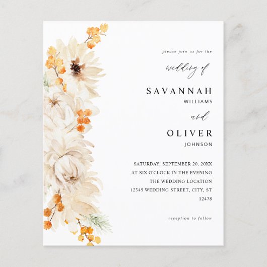 Budget beige & Oranje Floral Wedding Flyer (Voorkant)