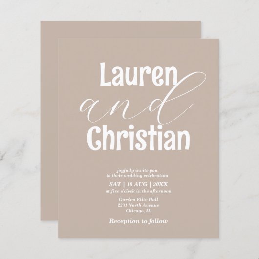 Budget Beige Scripting Wedding Uitnodiging (Voorkant / Achterkant)