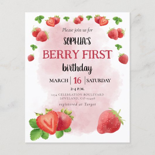 Budget Berry 1e Verjaardagsfeest Uitnodiging Aardb (Voorkant)