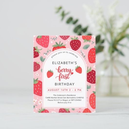 Budget Berry eerste 1e verjaardag foto uitnodigen (Staand voorkant)