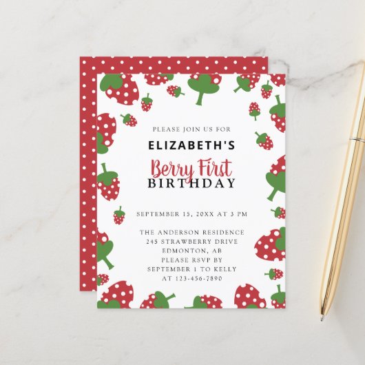 Budget Berry First Birthday Cute Strawberry Girl (Voorkant / Achterkant in situ)