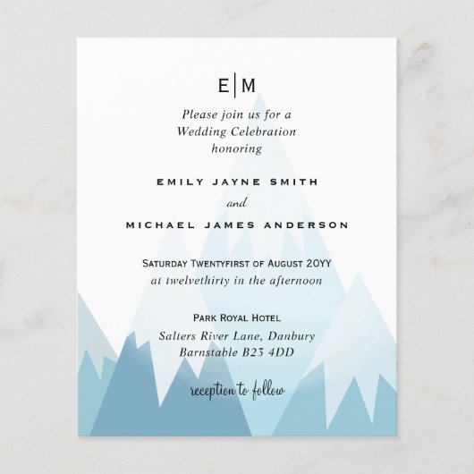 Budget besneeuwde berg skiën winter trouwkaart (Voorkant)