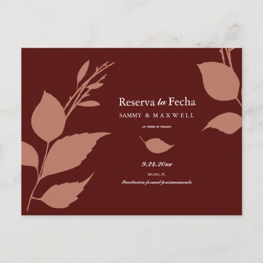Budget Bespaar de datum in Spanish Maroon Aankondigingskaart (Voorkant)
