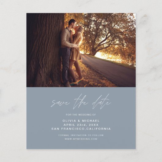 Budget Bewaar de datum Dusty Blue Wedding Photo Flyer (Achterkant)