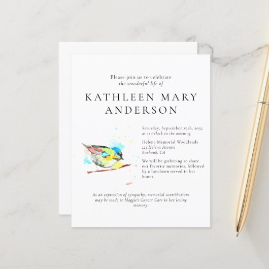 BUDGET Bird Celebration of Life Invitation (Voorkant / Achterkant in situ)