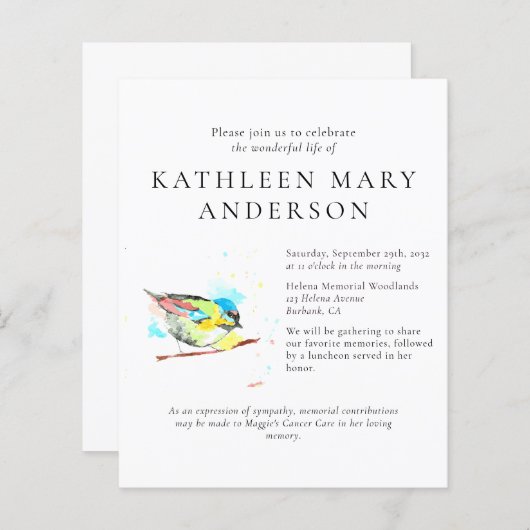 BUDGET Bird Celebration of Life Invitation (Voorkant / Achterkant)