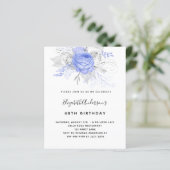 Budget Birthday blue florals Silver-uitnodiging (Staand voorkant)