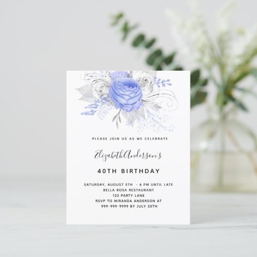 Budget Birthday blue florals Silver-uitnodiging (Staand voorkant)