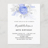 Budget Birthday blue florals Silver-uitnodiging (Voorkant)