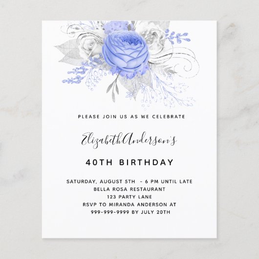 Budget Birthday blue florals Silver-uitnodiging (Voorkant)