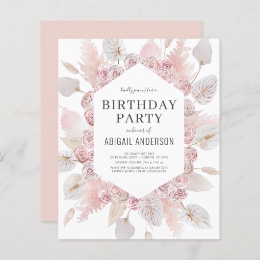 Budget Birthday Boho Blush Pink Party Uitnodiging (Voorkant / Achterkant)