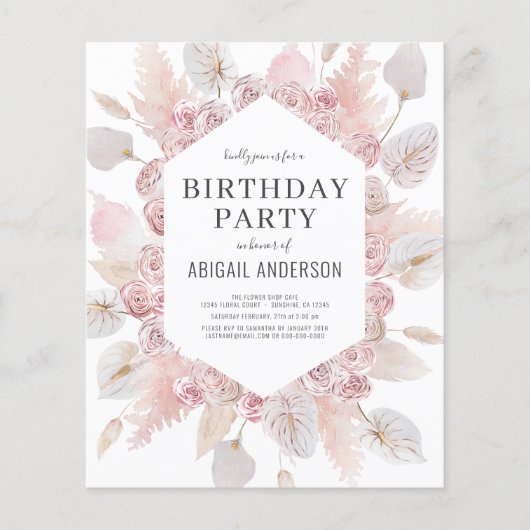 Budget Birthday Boho Blush Pink Party Uitnodiging (Voorkant)