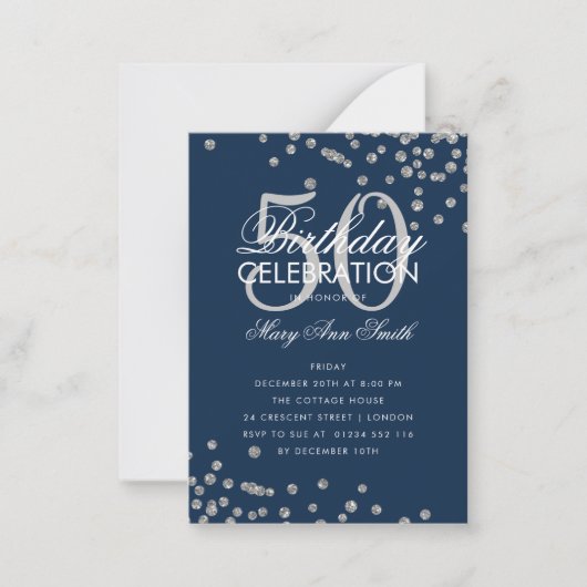 Budget Birthday Confetti Silver Navy Invite Notitiekaartje (Voorkant)