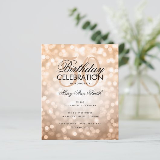 Budget Birthday Copper Sparkle Licht Invite (Staand voorkant)