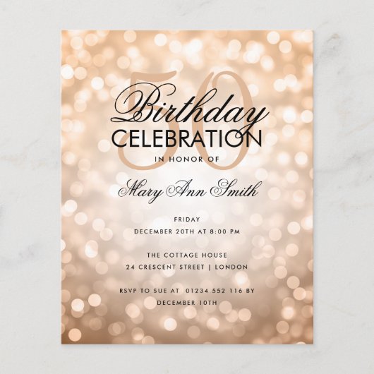 Budget Birthday Copper Sparkle Licht Invite (Voorkant)