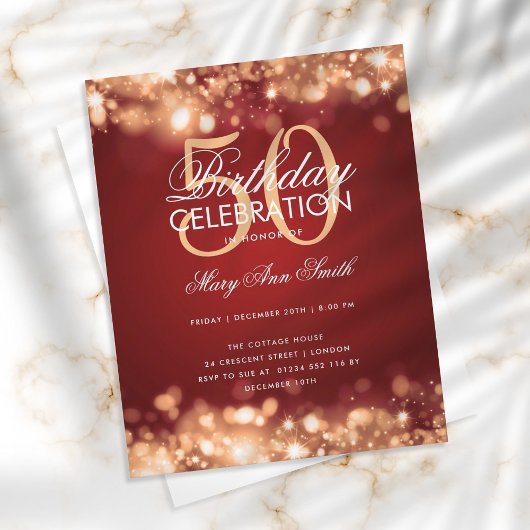 Budget Birthday Elegant Gold Red Licht Invite