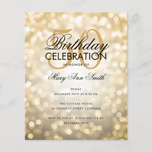 Budget Birthday Elegant Gold Sparkle Licht Invite (Voorkant)