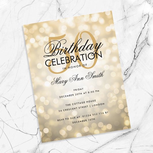 Budget Birthday Elegant Gold Sparkle Licht Invite Briefkaart